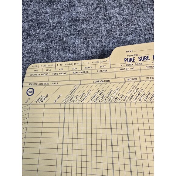 Pure Oil Company Advertising Master Service Log Blank Form 1940s 1950s Folded - Picture 2 of 6